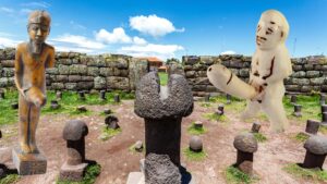 Ancient stone statues and two phallic figurines stand in a stone circle ruins under a bright blue sky with scattered clouds, offering a fascinating glimpse into the history of sex toys.
