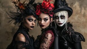 Three people in elaborate gothic costumes and makeup pose closely together. Two wear dark feathered headpieces and dramatic makeup; the third dons white face paint, black lips, a pointed witch hat, and an intricately designed costume. All have intense, striking expressions.