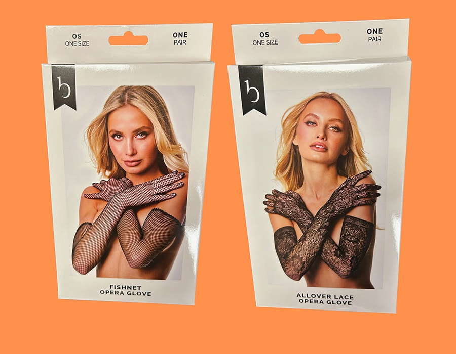 Two product packages for womens opera gloves: one labeled Fishnet Opera Glove and the other labeled Allover Lace Opera Glove.